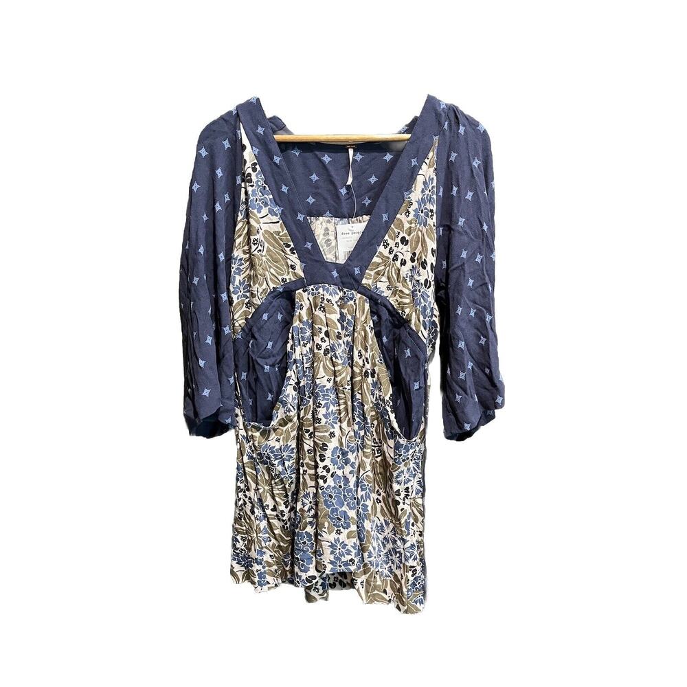 Free‎ People Blue Combo Wide V Neck Tie Waist Women's Dress Size SP